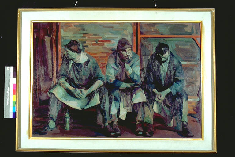 Riposo, Tre uomini seduti, in riposo (dipinto) di Quarti, Marchiò, Ernesto (terzo quarto sec. XX)