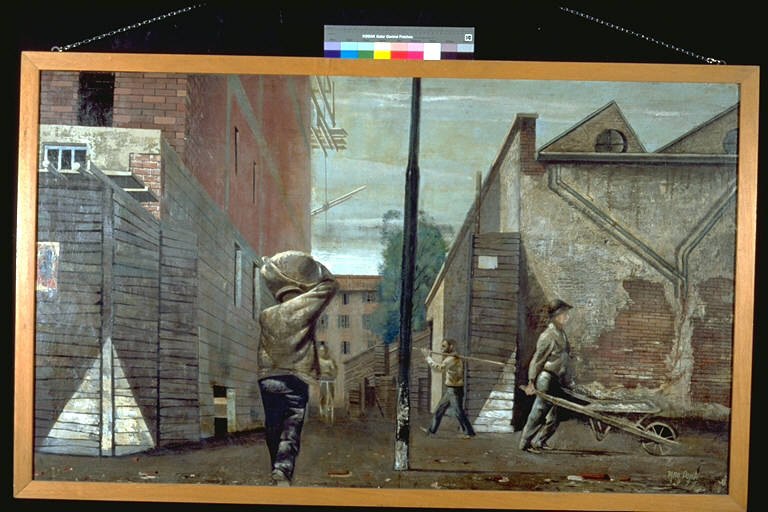 Entrata nel cantiere, Veduta di un cantiere con operai al lavoro (dipinto) di Ponti, Pino (terzo quarto sec. XX)