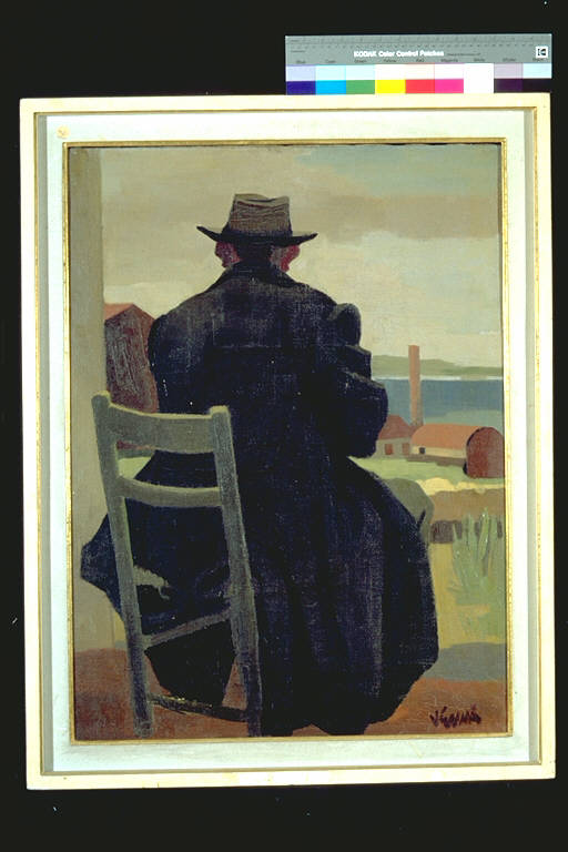 Vecchio operaio, Uomo seduto, di spalle Sfondo paesaggistico (dipinto) di Venna, Landsmann, Lucio (terzo quarto sec. XX)