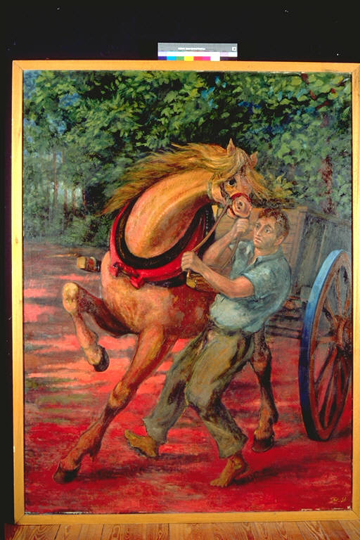 Il carrettiere, Figura maschile tenta di trattenere un cavallo imbizzarrito (dipinto) di Sassu, Aligi (sec. XX)