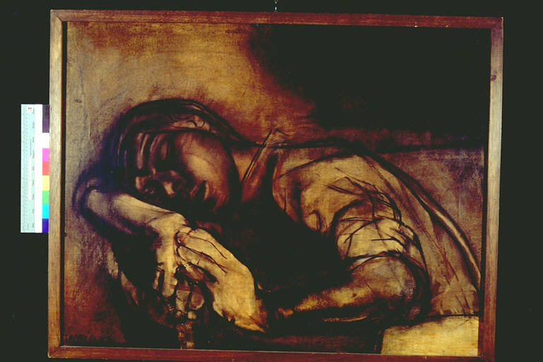Bracciante che riposa, Figura maschile dorme con il capo appoggiato ad un braccio (dipinto) di Francese, Franco (terzo quarto sec. XX)