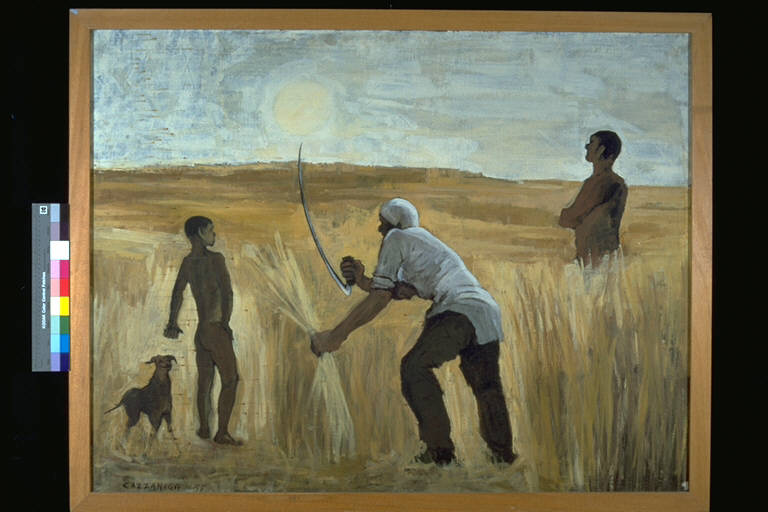 Calabria '57, Falciatore al lavoro , con accanto una figura maschile, un bambino ed un cane (dipinto) di Cazzaniga, Giancarlo (terzo quarto sec. XX)