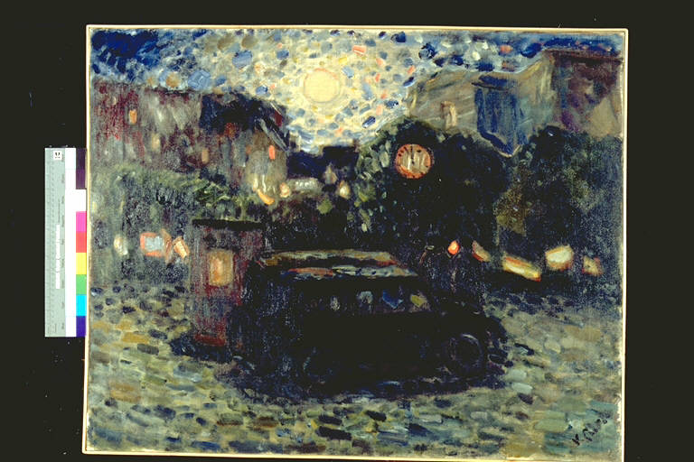 Paesaggio notturno con taxi a Napoli, Veduta notturna cittadina con taxi (dipinto) di Ciardo, Vincenzo (terzo quarto sec. XX)