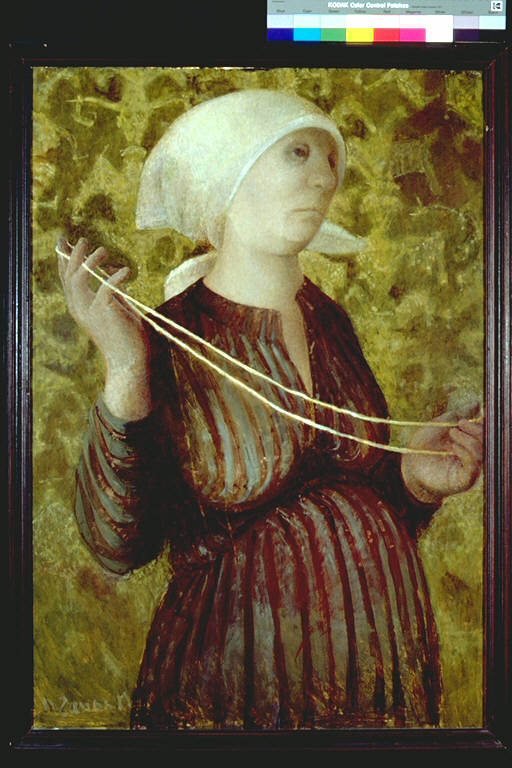 Contadina, Donna incinta a mezzobusto, velata, con filo nelle mani (dipinto) di Zanon, Marisaldi, Ada (terzo quarto sec. XX)
