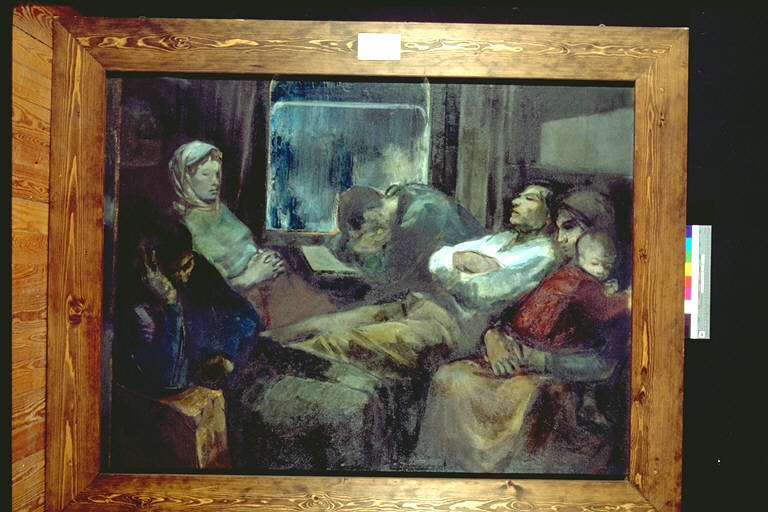 Viaggio di notte, Passeggeri addormentati all'interno dello scompartimento di un treno (dipinto) di Sughi, Alberto (terzo quarto sec. XX)