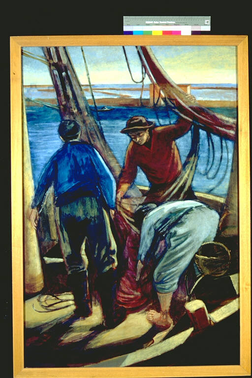 Pescatori in laguna, Tre pescatori in una barca alle prese con le loro reti (dipinto) di Pizzinato, Armando (terzo quarto sec. XX)