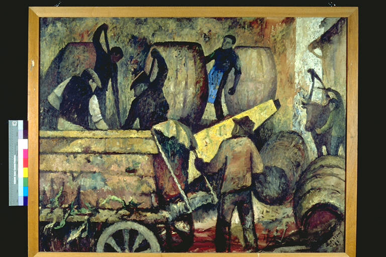 Lavoro in ottobre, Diversi lavoratori al lavoro presso un carro, con tutt'attorno grandi botti (dipinto) di Platone, Amelia (terzo quarto sec. XX)