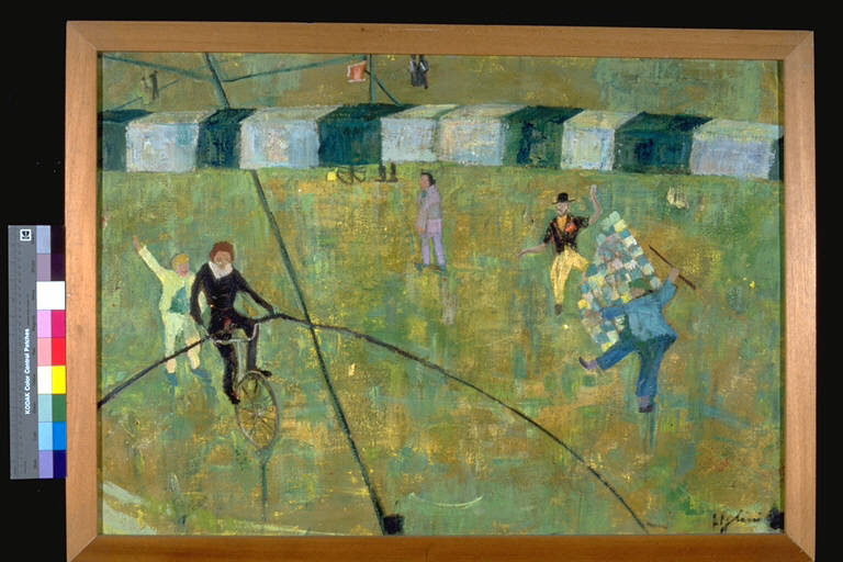 Circo all'aperto, Artisti del circo in uno spazio verde (dipinto) di Ugolini, Zoli, Irene (terzo quarto sec. XX)