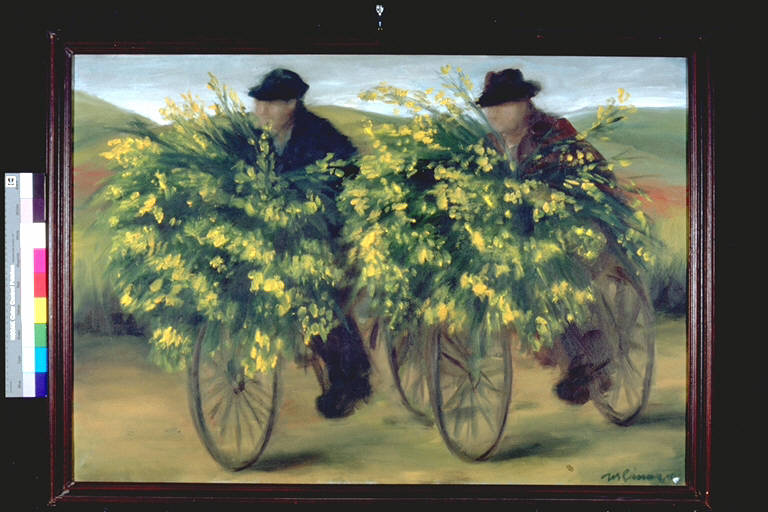 Ritorno con le ginestre, Due uomini pedalano sulle loro biciclette portando grossi mazzi di ginestre in fiore (dipinto) di Cimara, Mario (terzo quarto sec. XX)