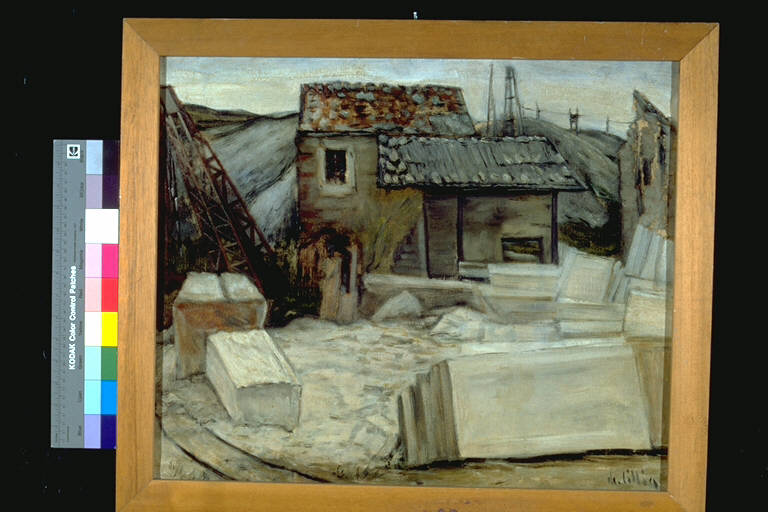 Presso la cava, Veduta di una cava di marmo con costruzione (dipinto) di De, Cillia, Enrico (terzo quarto sec. XX)