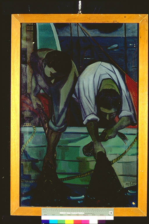 Pescatori, Due pescatori su una barca mentre, chinati, tirano a bordo le reti colme di pesce (dipinto) di Rosi, Mino (terzo quarto sec. XX)