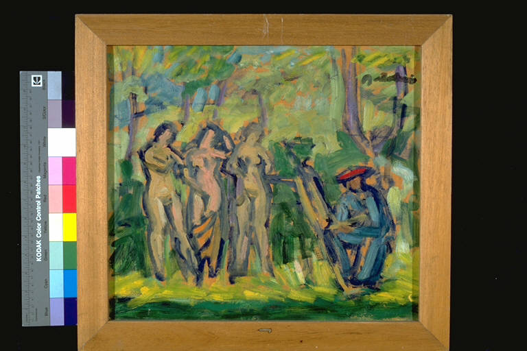 Il lavoro del pittore, In un paesaggio boschivo, pittore ritrae tre modelle nude (dipinto) di Bartolini, Luigi (terzo quarto sec. XX)