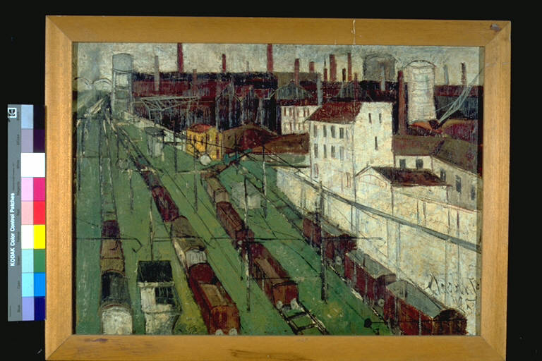 Scalo e fabbrica, Veduta panoramica di area industriale con scalo ferroviario (dipinto) di Paolantonio, Cesare (terzo quarto sec. XX)