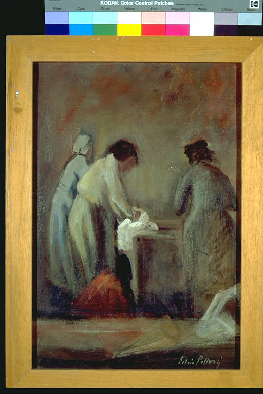 Lavandaie, Tre donne intente a lavare biancheria presso un lavabo (dipinto) di Polloni, Silvio (terzo quarto sec. XX)