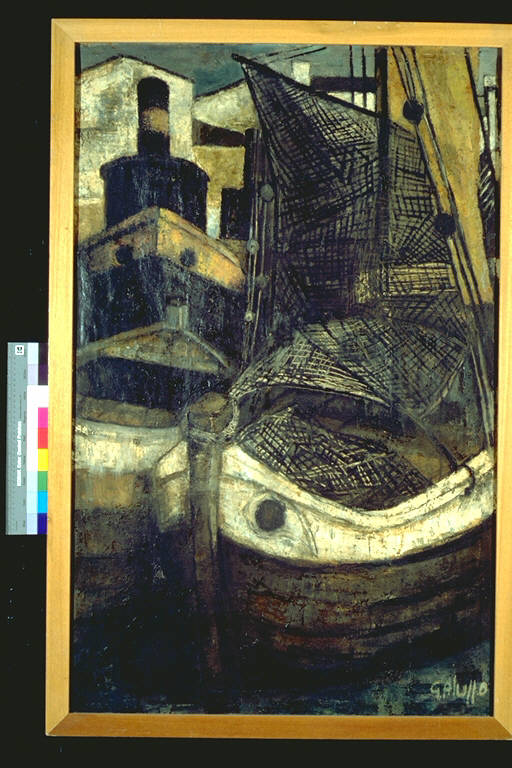 Piccolo porto, Veduta portuale con barche e piroscafi (dipinto) di Galuppo, Riccardo (terzo quarto sec. XX)