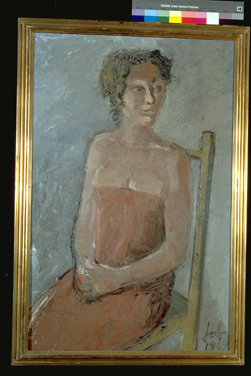 La domestica a ore, Figura femminile seduta su una sedia, la testa è girata, le mani sono in grembo (dipinto) di Job, Enrico (terzo quarto sec. XX)