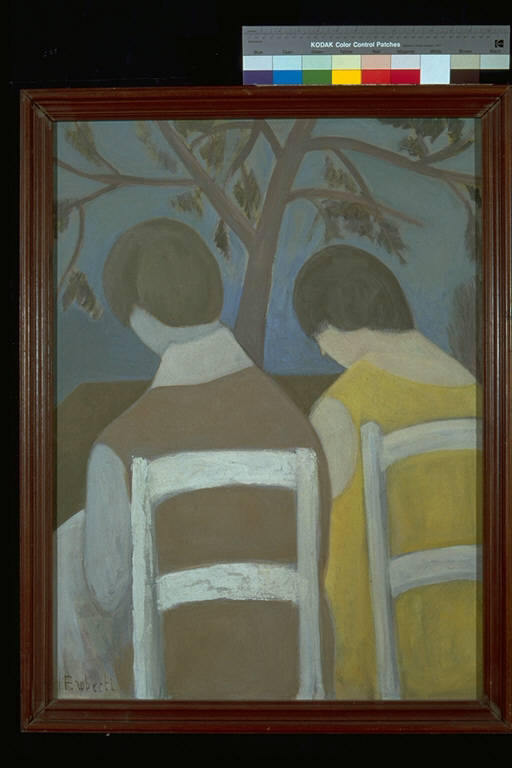 Le sartine, Due figure femminili sedute, in un esterno, viste di spalle (dipinto) di Ruberti, Francesco (terzo quarto sec. XX)