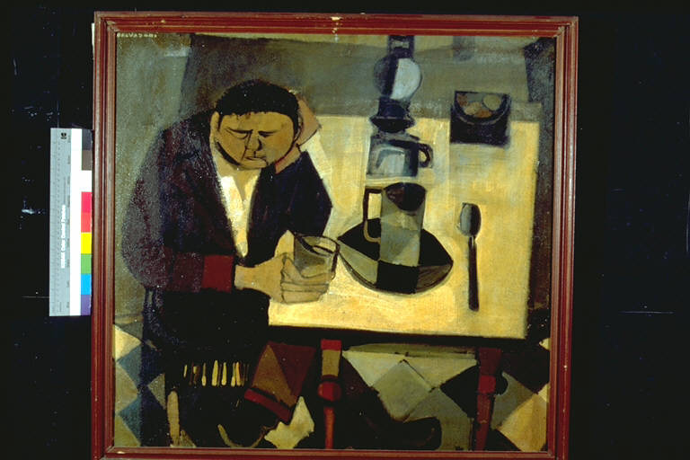 La sera dell'operaio, Figura maschile seduta, con in mano un bicchiere, appoggiata ad un tavolo (dipinto) di Salvadori, Giulio (terzo quarto sec. XX)