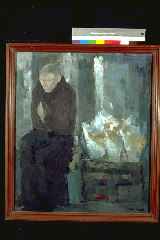 Autunno in città, Figura di anziana seduta; accanto, un cesto pieno di mazzi di fiori confezionati (dipinto) di Calvari, Italo (terzo quarto sec. XX)