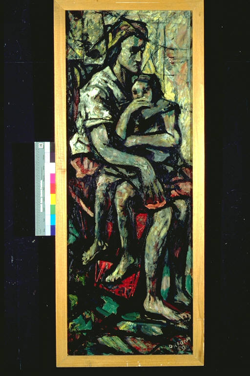 La madre, Figura femminile seduta con un fanciullo sulle ginocchia (dipinto) di Dreoni, Arrigo (terzo quarto sec. XX)