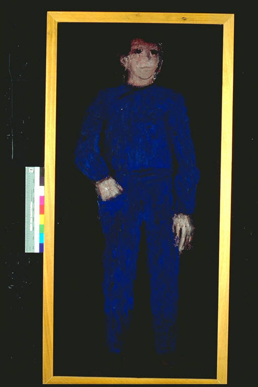 Giovane operaio, Figura maschile stante con indosso una tuta da lavoro blu (dipinto) di Altieri, Sergio (terzo quarto sec. XX)