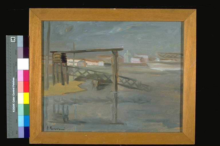 Periferia, Rappresentazione di un fiume con gru e della sponda con edifici (dipinto) di Rondani, Enzo (terzo quarto sec. XX)