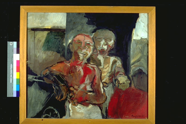 L'uscita dalla miniera, Due figure maschili a torso nudo, uno dei quali è appoggiato ad un carrello (dipinto) di Reggiani, Pino (terzo quarto sec. XX)
