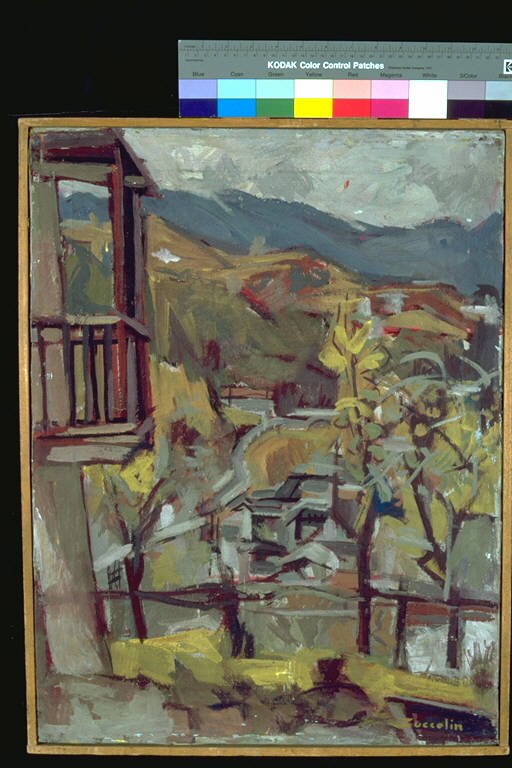 Paesaggio rurale, Rappresentazione di una vallata, con un balcone in primo piano Sfondo montuoso (dipinto) di Zuccolin, Pietro (terzo quarto sec. XX)