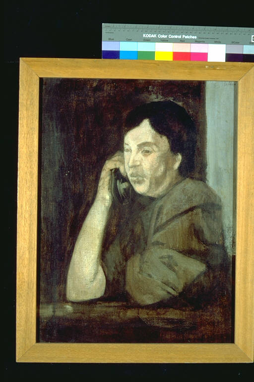Riposo domenicale, Figura femminile al telefono (dipinto) di Caldari, Luciano (terzo quarto sec. XX)