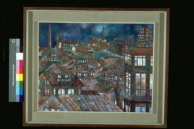 Notturno sulle ciminiere, Veduta cittadina di notte (dipinto) di Manzoni, Wanda (terzo quarto sec. XX)