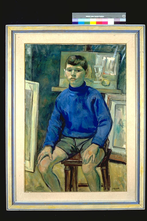 L'allievo, Fanciullo seduto in uno studio d'artista (dipinto) di Mariotti, Umberto (terzo quarto sec. XX)