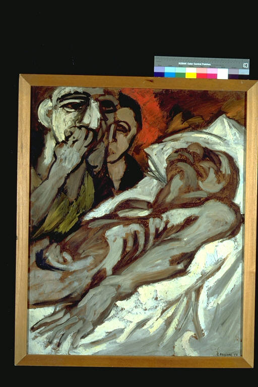 Minatore morto, Una figura nuda distesa su un letto; due figure al suo capezzale in atteggiamento di disperazione (dipinto) di Reggiani, Liberio (terzo quarto sec. XX)