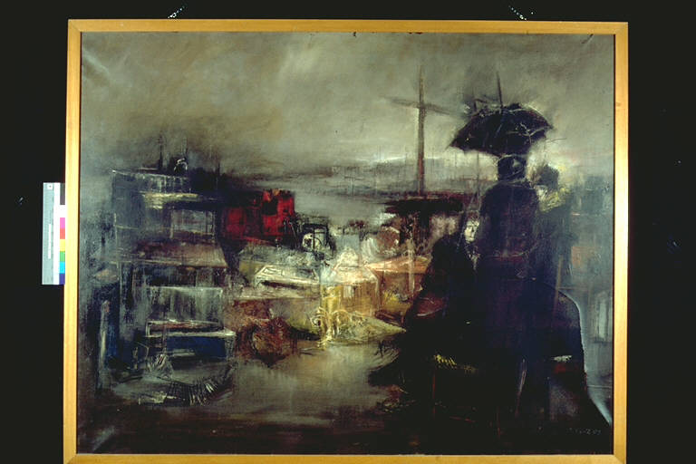Fiera di Senigallia, Scena di mercato, con clienti fermi ad una bancarella (dipinto) di Cappelli, Giovanni (terzo quarto sec. XX)