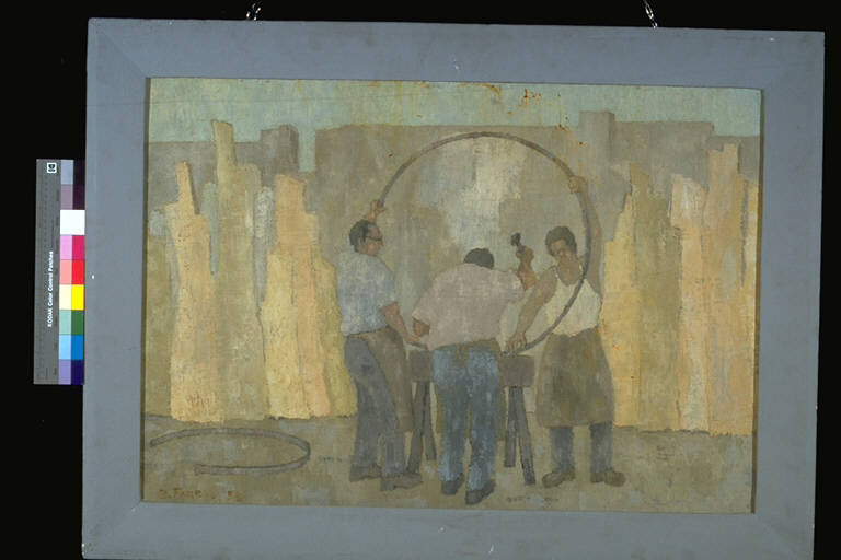 I bottari, Tre operai intenti a forgiare un cerchio di botte (dipinto) di Fanesi, Bruno (terzo quarto sec. XX)