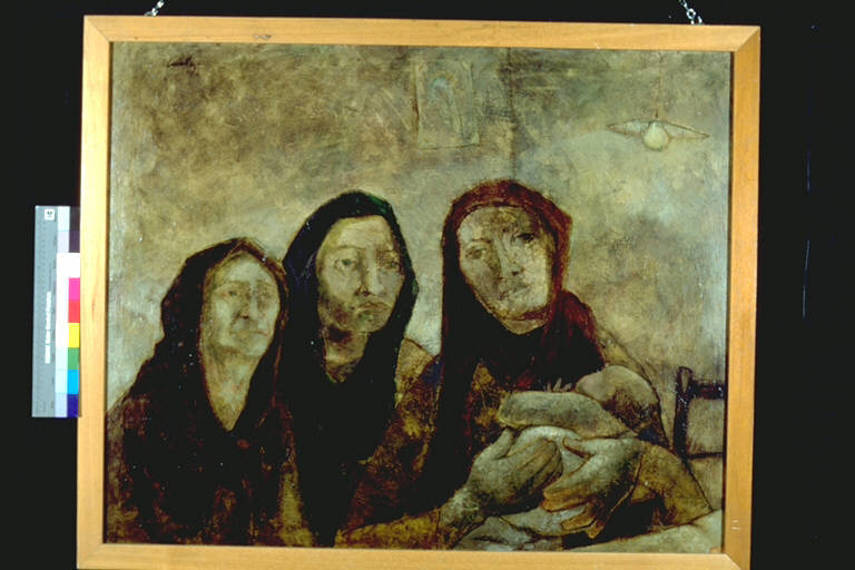 La veglia, Tre figure femminili velate attendono ad un infante (dipinto) di Cavallari, Alberto (terzo quarto sec. XX)