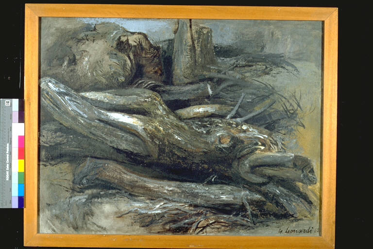 Castagno abbattuto, Tronco e rami (dipinto) di Leonardi, Nello (terzo quarto sec. XX)
