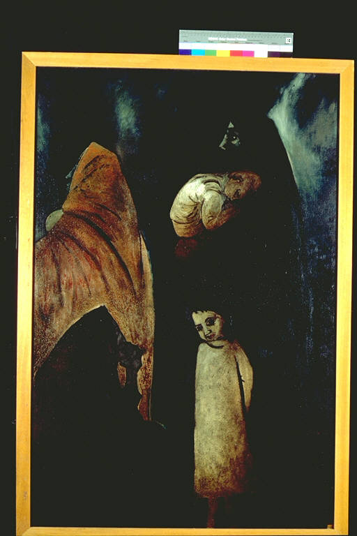 L'attesa, Due figure femminili velate di profilo con due bambini (dipinto) di Cavallari, Alberto (terzo quarto sec. XX)