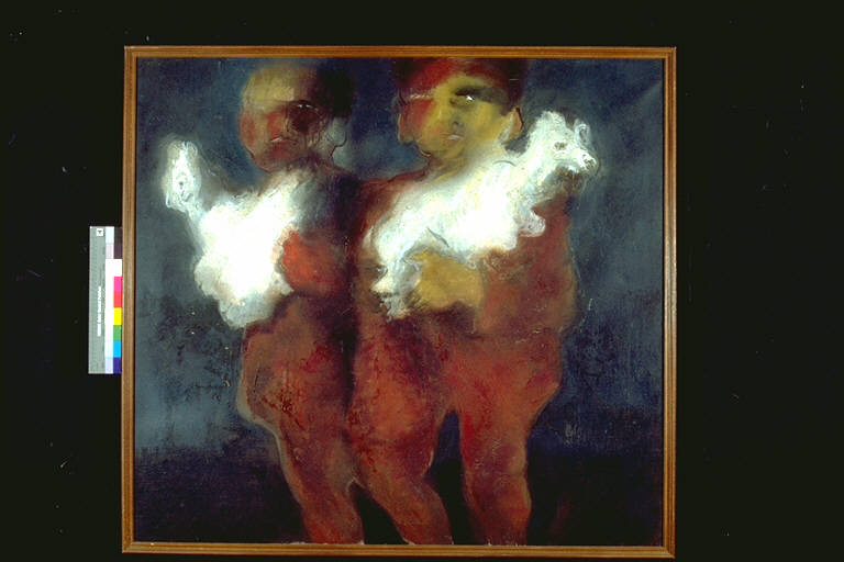 Pastori con agnelli, Due uomini stanti ciascuno con un agnello in braccio (dipinto) di Reggiani, Pino (terzo quarto sec. XX)