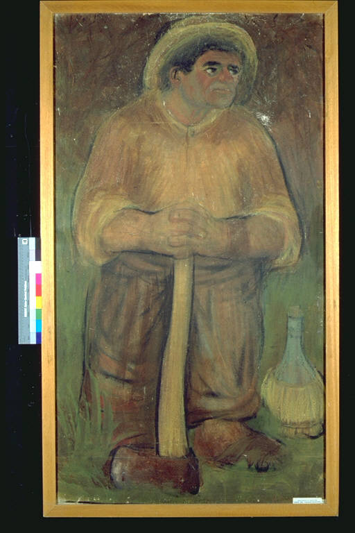 Contadino, Figura di contadino stante appoggiato ad un'ascia (dipinto) di Pasetto, Remo (terzo quarto sec. XX)