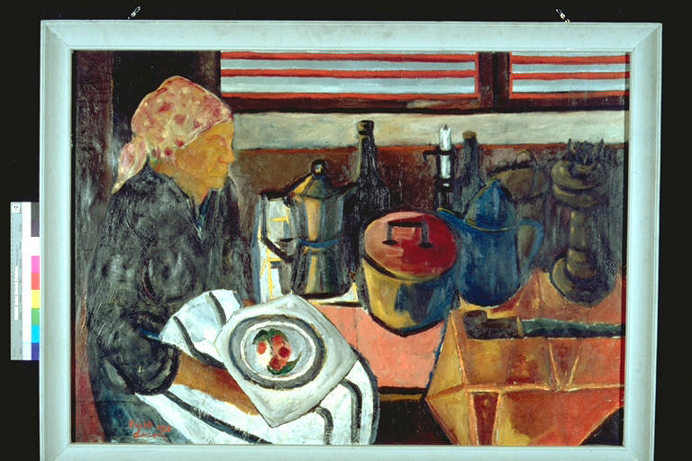 Interno, Interno di cucina, con anziana seduta e stoviglie varie (dipinto) di Bisio, Pietro (terzo quarto sec. XX)