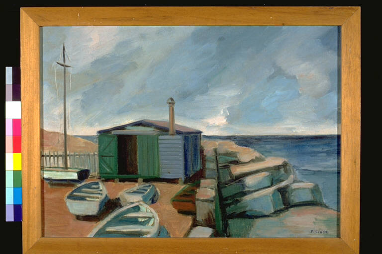 Capanno di pescatori, Paesaggio marino con capanno e barche sulla riva (dipinto) di Scaini, Francesco (terzo quarto sec. XX)