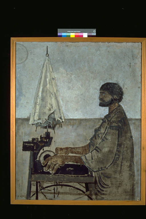L'arrotino, Arrotino al lavoro sulla mola (dipinto) di Righi, Federico (terzo quarto sec. XX)