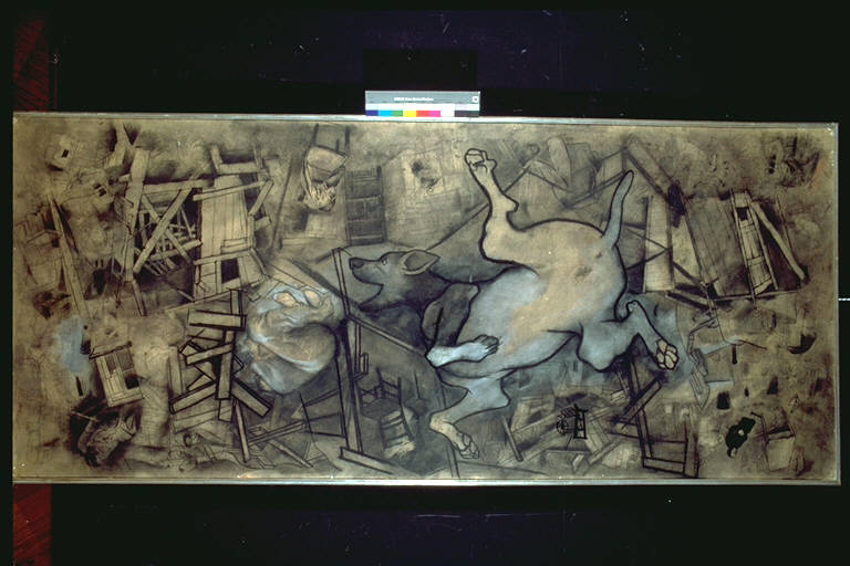 Composizione, Composizione di elementi di vita miserevole, tra cui campeggia un cane riverso (dipinto) di Canova, Bruno (terzo quarto sec. XX)