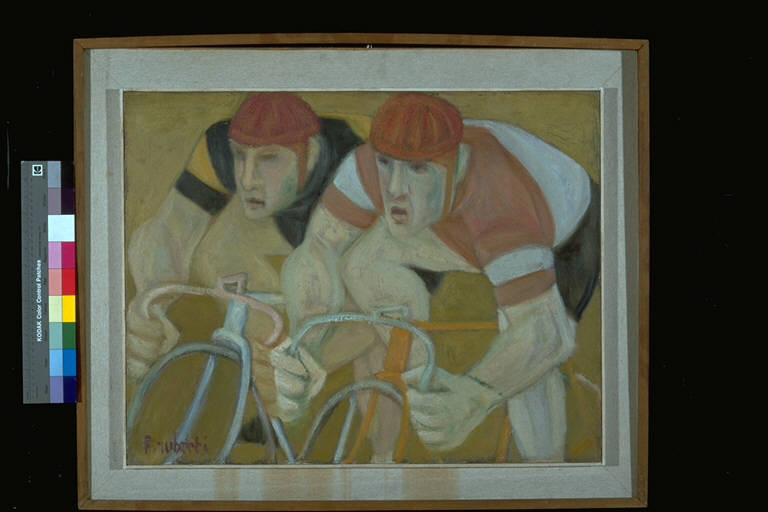Lo sprint, Due ciclisti (dipinto) di Ruberti, Francesco (terzo quarto sec. XX)