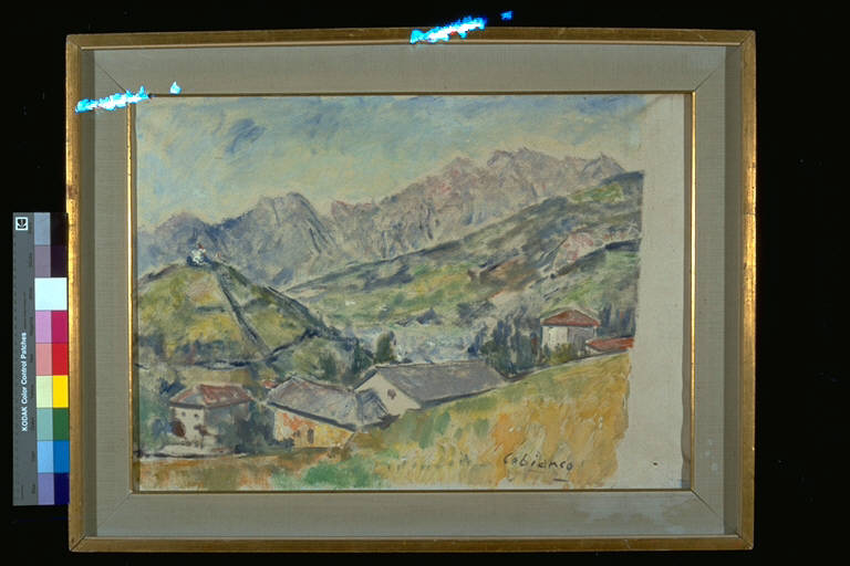 Paesaggio, Paesaggio collinare, con case e monti sullo sfondo (dipinto) di Cobianco, Luigi (terzo quarto sec. XX)