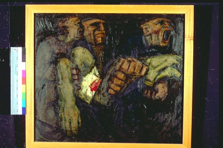 Deposizione, Tre figure maschili sostengono un cadavere (dipinto) di Colli, Giancarlo (terzo quarto sec. XX)