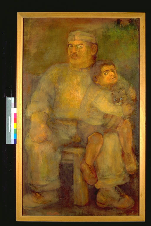 Il muratore, Figura maschile seduta; sulle sue ginocchia, un bambino con un gatto (dipinto) di Pasetto, Remo (terzo quarto sec. XX)