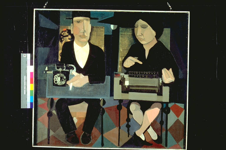 La dattilografa, Una dattilografa a una figura maschile seduta con accanto un telefono (dipinto) di Salvadori, Giulio (terzo quarto sec. XX)