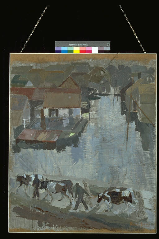 Ricordi del Polesine, Case sul fiume; in primo piano, bovari conducono le loro mucche (dipinto) di Ferri, Rina (terzo quarto sec. XX)