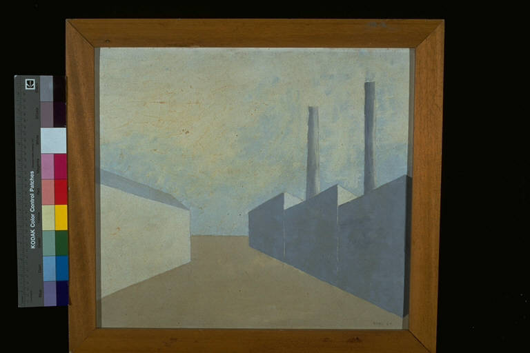 La fabbrica, Veduta di fabbriche e ciminiere (dipinto) di Romei, Claudio (terzo quarto sec. XX)